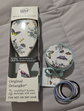 MacKenzie-Childs White Butterfly Kids Detangling Brush Set with Pastel Hair Ties